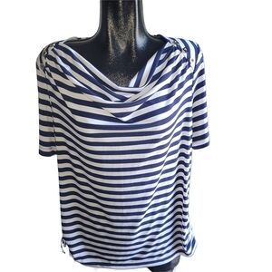 Claire France Navy and White Striped Short Sleeve Drape Neck Top 1X